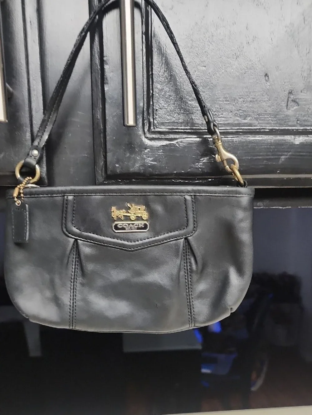 Coach Black Leather Shoulder Wristlet with Gold Hardware